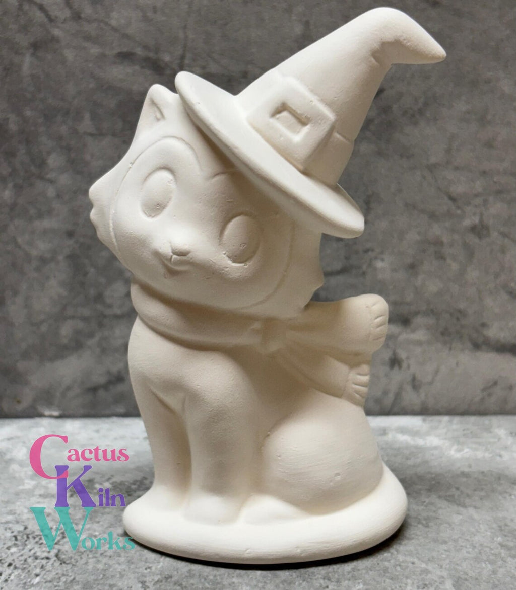 Halloween Sitting Kitty Cat in a Witch Hat - Ceramic Bisque PYOP