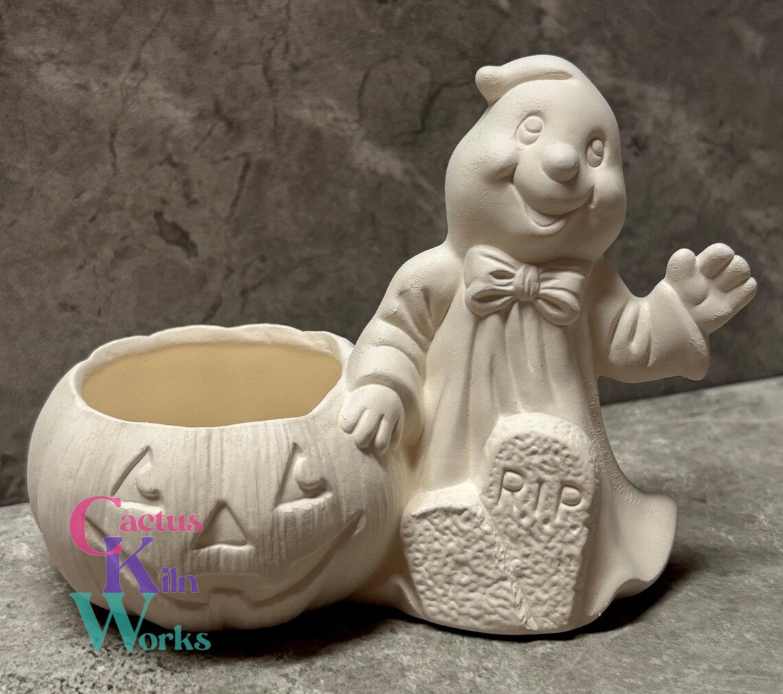 Ghost with Jack o' Lantern Pumpkin Candy Cup - Ceramic Bisque PYOP