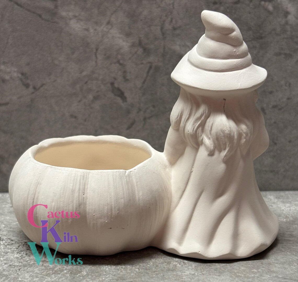 Witch with Jack o' Lantern Pumpkin Candy Cup - Ceramic Bisque PYOP