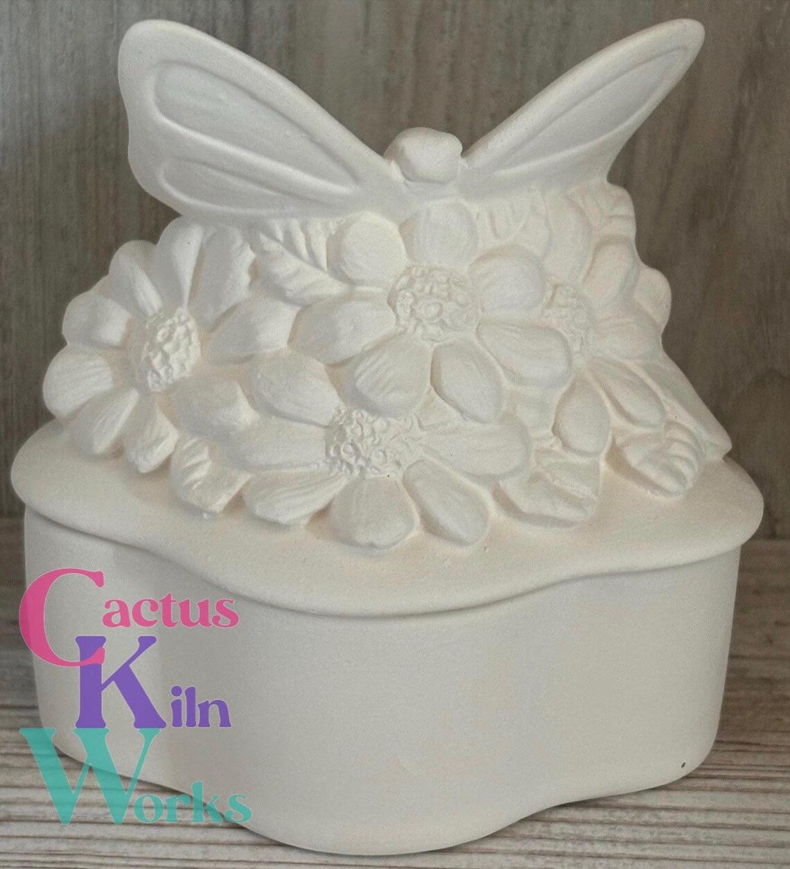Butterfly on Flowers Trinket Box - Ceramic Bisque PYOP