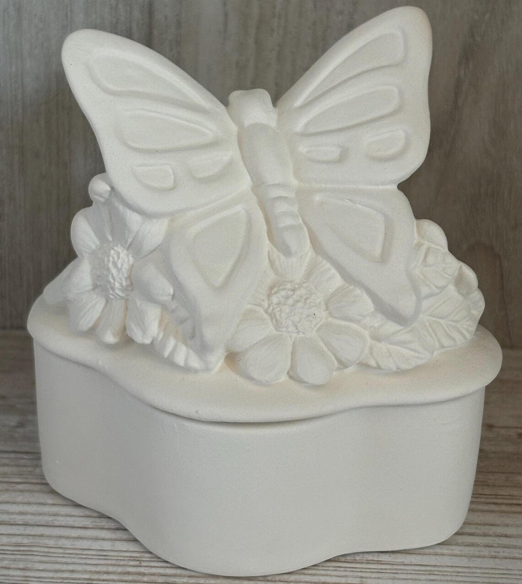 Butterfly on Flowers Trinket Box - Ceramic Bisque PYOP