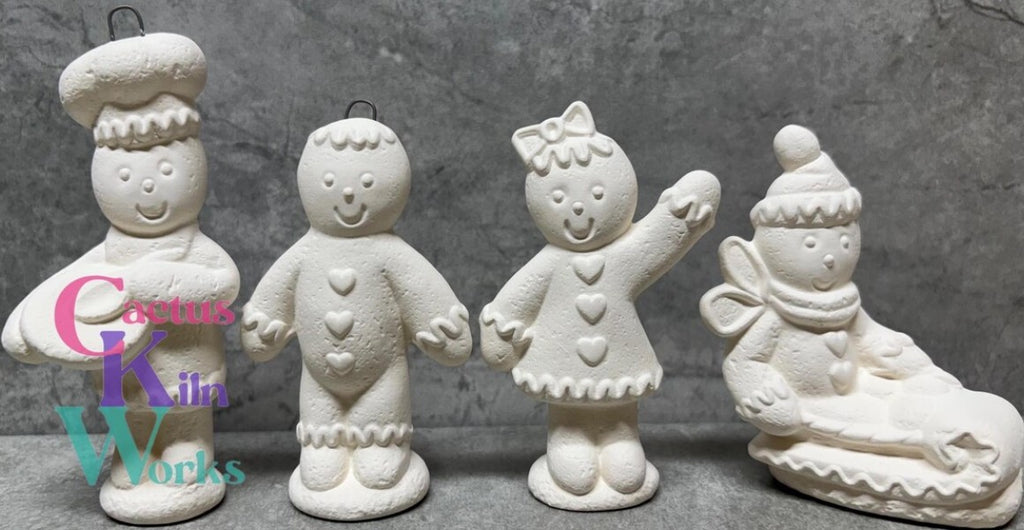 Gingerbread Family Set of 4 Ornaments - Ceramic Bisque PYOP