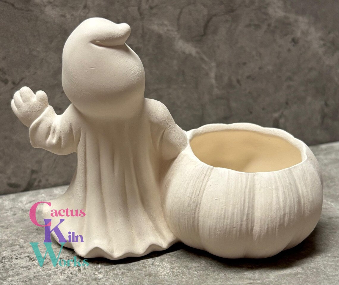 Ghost with Jack o' Lantern Pumpkin Candy Cup - Ceramic Bisque PYOP
