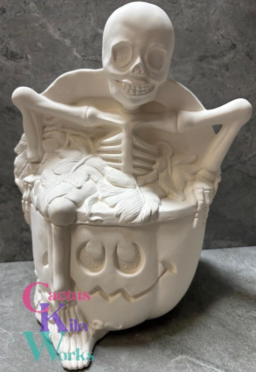 Skeleton Coming Out of a Jack O Lantern Pumpkin Cookie Jar Canister- Ceramic Bisque PYOP