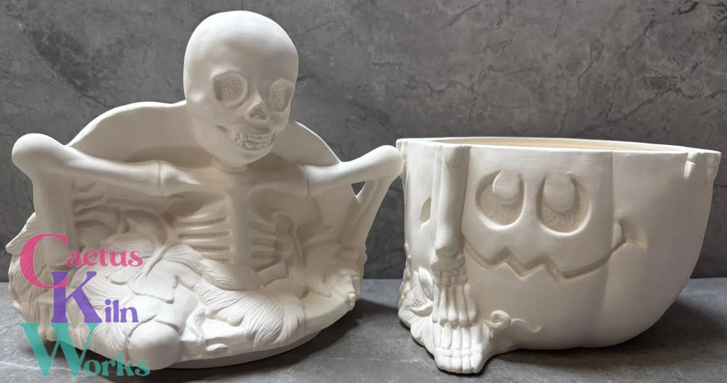 Skeleton Coming Out of a Jack O Lantern Pumpkin Cookie Jar Canister- Ceramic Bisque PYOP