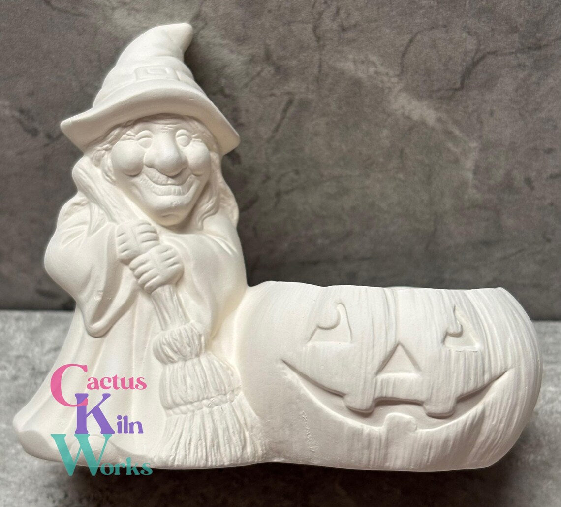 Witch with Jack o' Lantern Pumpkin Candy Cup - Ceramic Bisque PYOP