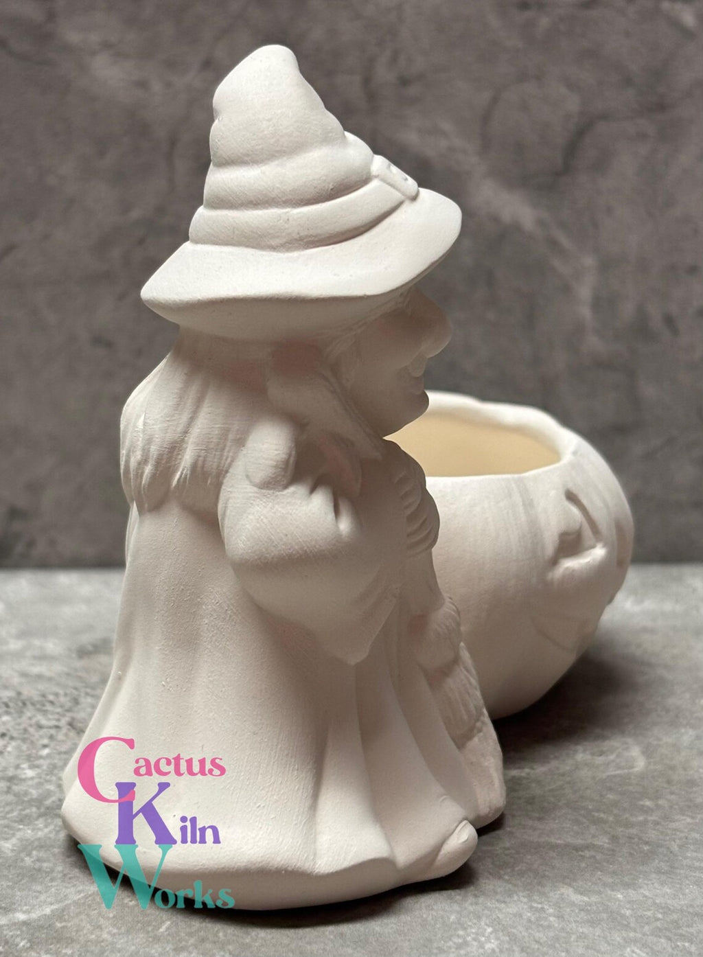 Witch with Jack o' Lantern Pumpkin Candy Cup - Ceramic Bisque PYOP